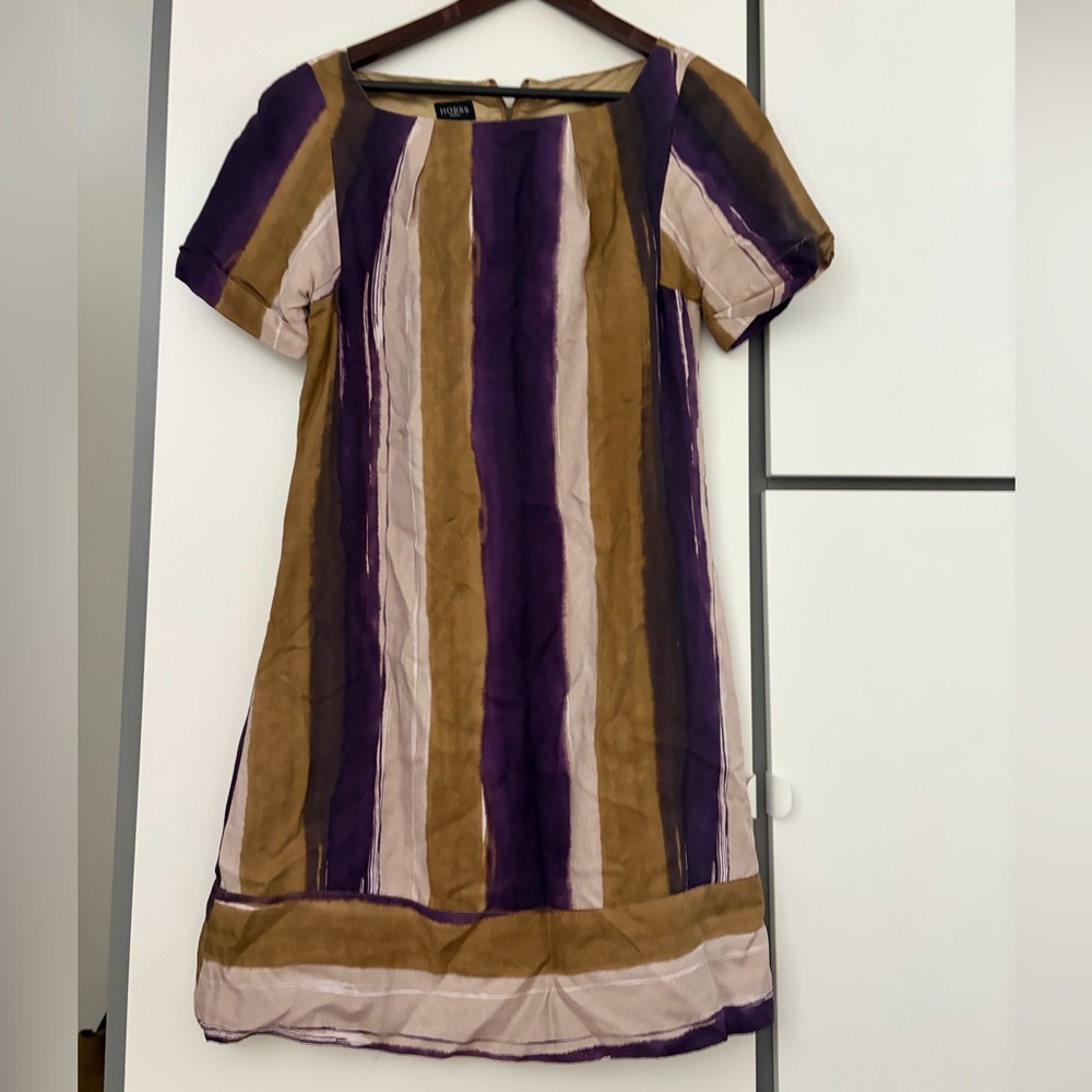 Vertical Striped Purple & Brown Short Sleeve Shift Dress